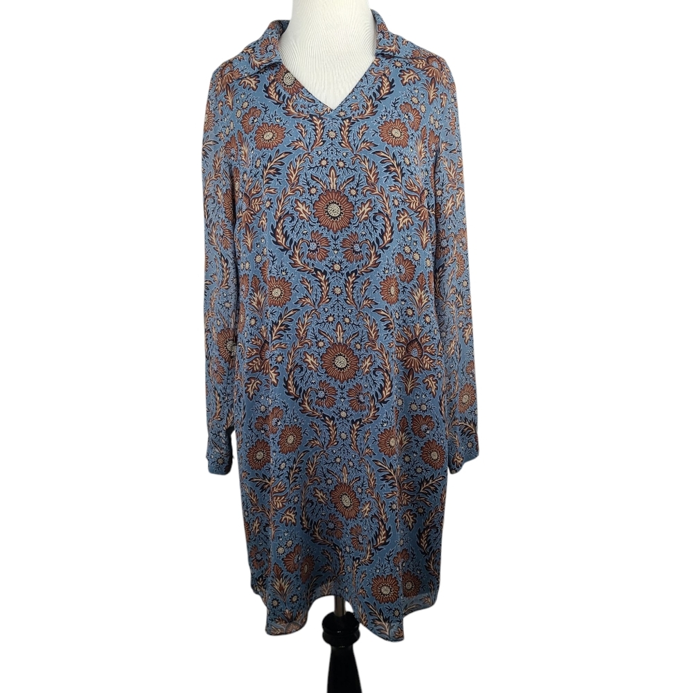 Cabi Provincial Blue & Brown Floral Shirt Dress Women's Size Small
